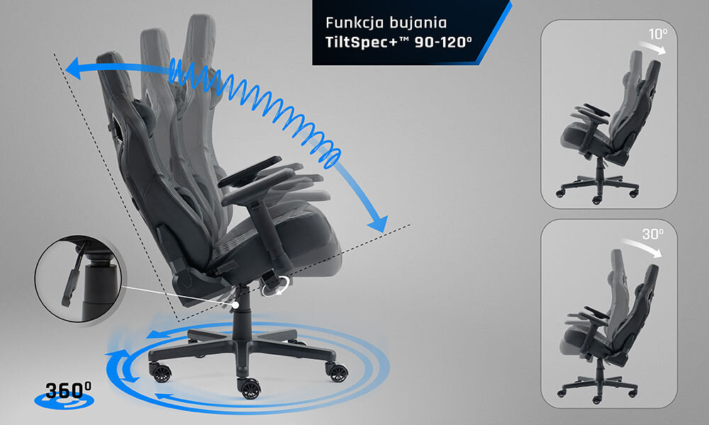 Fotel GAMVIS Elite 2.0 XL Basic Czarny prezentacja możliwego zakresu bujania fotela na szarym tle stabilna konstrukcja przyjemne w dotyku materiały TiltSpec+ odchylenie siedziska wsparcie naturalnego ruchu ciała poprawa wygody bez uczucia zmęczenia