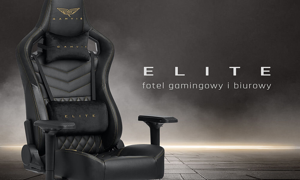 Fotel GAMVIS Elite 2.0 Pro XL Czarny (złote elementy) prezentacja fotela na ciemnym tle od przodu pod kątem pas led wzdłuż listwy