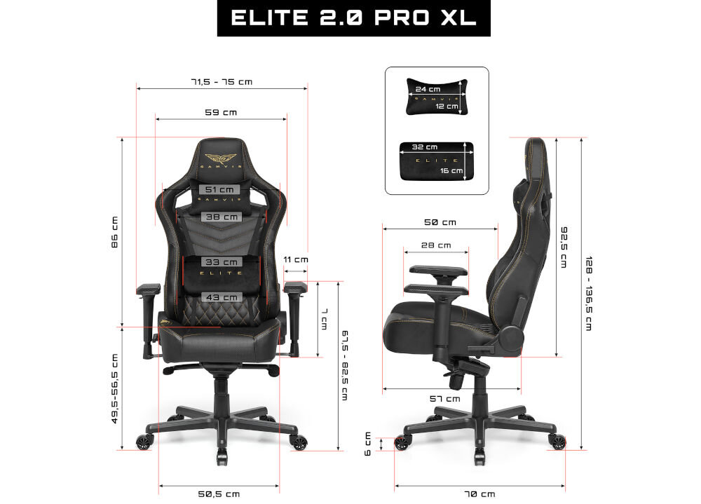 Fotel GAMVIS Elite 2.0 Pro XL Czarny (złote elementy) prezentacja fotela od przodu i od boku na białym tle wymiary stabilność