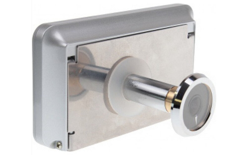 Wideo-wizjer EURA VDP-01C1 Eris Srebrny prosty montaż nie powoduje uszkodzenia drzwi nie wymaga uśycia specjalistycznych narzędzi zasilany na baterie zamontowany w drzwiach o grubości 42-72 mm otwierania na wizjer 14-30 mm