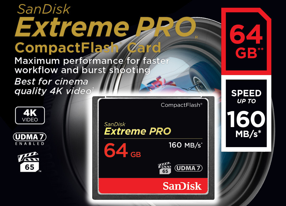 Karta pamieci SANDISK Compact Flash Extreme Pro 160MB/S 64 GB zawartosc