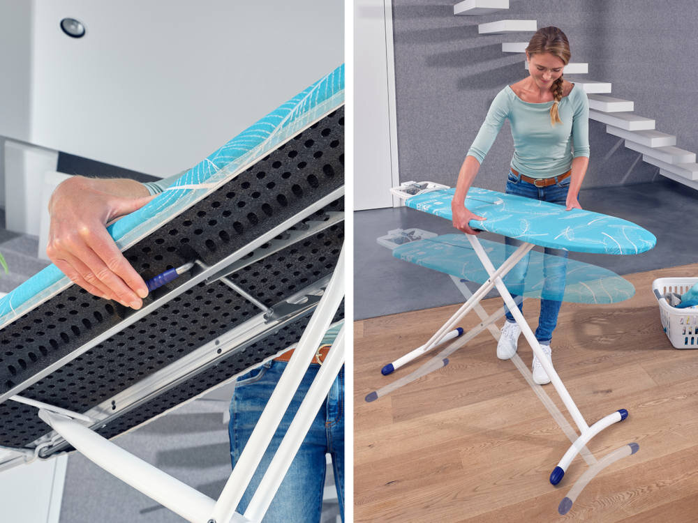 Deska do prasowania LEIFHEIT Air Board M Solid Plus NF 120 x 38 cm Komfortowa wysokość pracy Regulacja wysokości od 76 do 100 cm  zakres dostosowanie Stabilne nogi nakładkami z tworzywa sztucznego ochrona