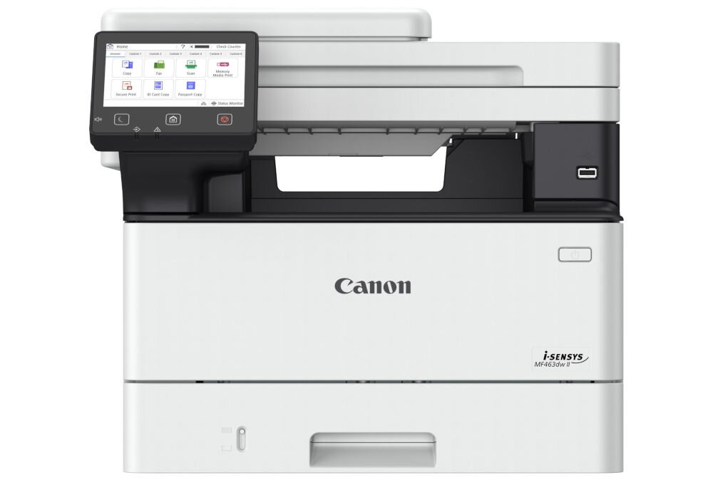 Багатофункціональний пристрій CANON i-SENSYS MF463dw II, автоматичний двосторонній друк, презентація пристрою Wi-Fi спереду на білому фоні, призначення, характеристики, переваги