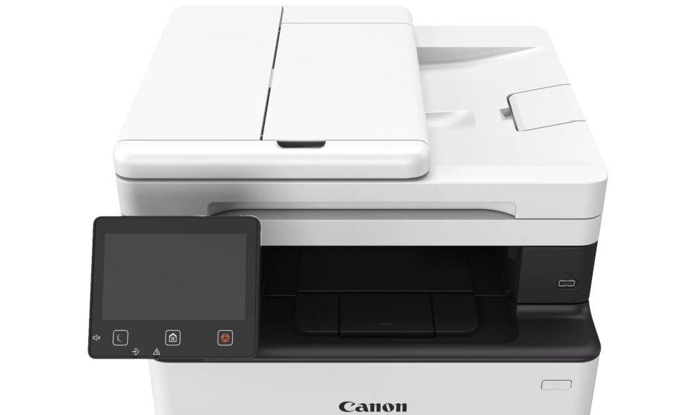 Багатофункціональний пристрій CANON i-SENSYS MF463dw II, автоматичний двосторонній друк, Wi-Fi крупний план екрана та лотка, білий фон, безпека, безпека, кнопки, екран