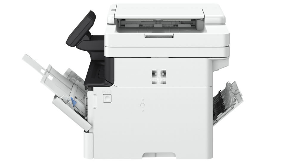 Багатофункціональний пристрій CANON i-SENSYS MF463dw II, автоматичний двосторонній друк, Wi-Fi, презентація пристрою в розгорнутому вигляді збоку на білому фоні, розмір, габарити, подавач, вихідний лоток, порти, Wi-Fi