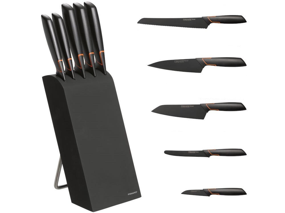 Zestaw noży FISKARS Edge 1003099 (6 elementów) blok nóż do skrobania (19,6 cm) nóż do pomidorów (24,8 cm) nóż do chleba (35,9 cm) nóż szefa kuchni (32,8 cm) nóż typu Santoku (30,3 cm)  dokumentacja