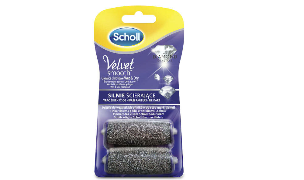 Scholl-Velvet-Smooth głowice obrotowe wygładzające mikrościerne cząsteczki zmiękczają naskórek sucha mokra skóra piękne stopy funkcja ochronna kryształki diamentu działanie złuszczające efektywnie delikatnie