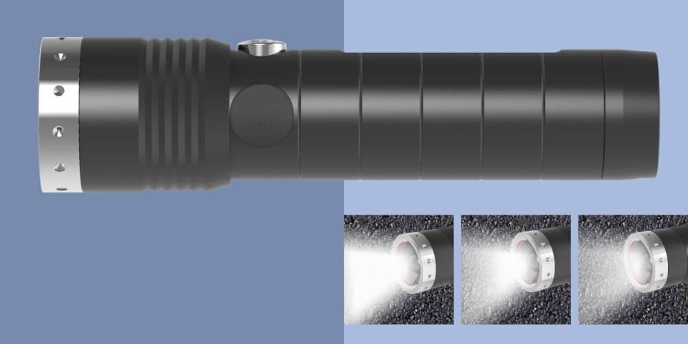 Latarka LEDLENSER MT14 czarna latarka srebrny element różne źródła światła Smart Light Technology dopasowanie trybów oświetlenia inteligentny system Temperature Control chroni diodę LED bezpieczna trwała gotowa do działania w każdej sytuacji