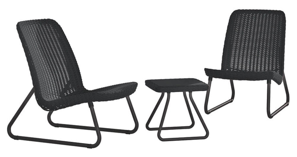 Zestaw mebli ogrodowych KETER 17197637 Rio Patio Set Grafitowy do niezwykle przestrzeni stylowy wygląd wygodne siedziska niewielki rozmiar minimalistyczna strefa relaksu dwa krzesła stolik w kolorze grafitowym