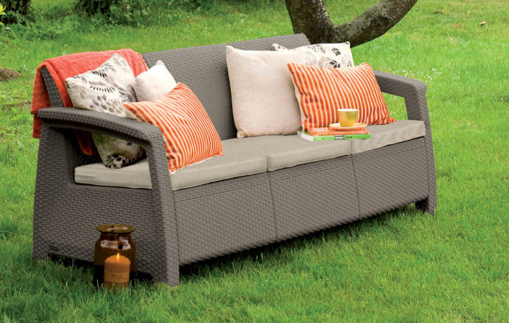 Sofa ogrodowa KETER Corfu Love Seat 3 osobowa Antracytowy sofa niewielkie rozmiary wymiar 182 x 70 x 79 cm obciążenie do 330 kg