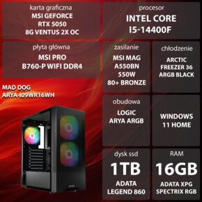 Komputer MAD DOG ARYA-I09WR16WH i5-14400F 16GB RAM 1TB SSD