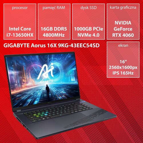 Laptop GIGABYTE Aorus 16X 9KG-43EEC54SD 16" 165Hz i7-13650HX 16GB RAM 1TB SSD GeForce RTX4060 DLSS 3, Funkcje AI